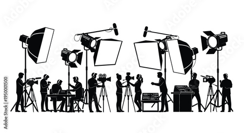 Professional film production crew working with cameras and lighting equipment in a studio setting