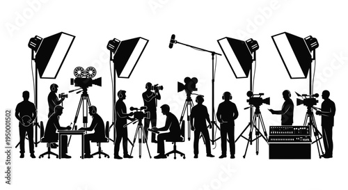 A silhouette collection of professional film crew members working with cameras and studio lighting