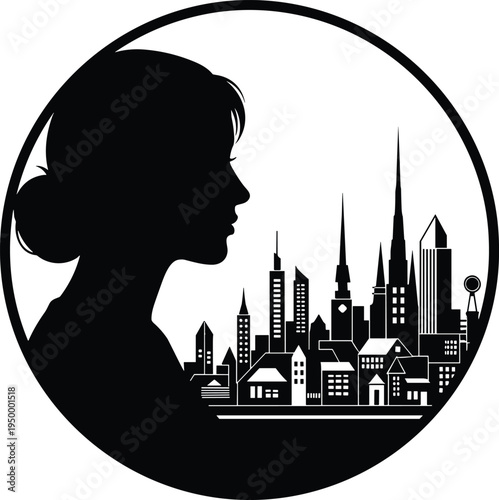 Black and white silhouette illustration of woman profile with hair bun inside circular frame, detailed cityscape background of skyscrapers, towers, houses, urban architecture, identity concept.