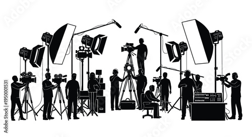 A professional television production crew working with cameras and lighting equipment on a set