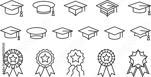Graduation cap and award ribbon outline icon set, education achievement symbol collection academic mortarboard medal vector