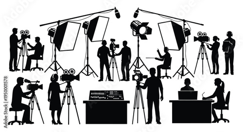 Black silhouettes of professional film crew members working with cameras and studio lighting gear