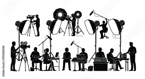 Black silhouettes of professional film crew members working on a television or movie production set