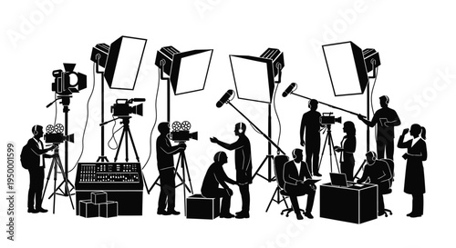 A detailed black silhouette illustration of a professional film production crew on a busy set