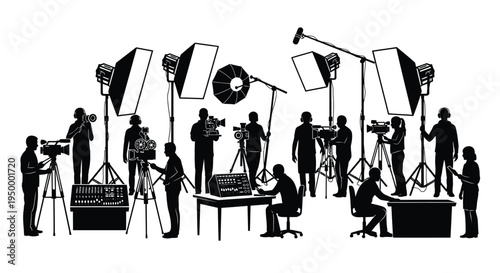 A silhouette collection of professional film crew members working on a busy video production set
