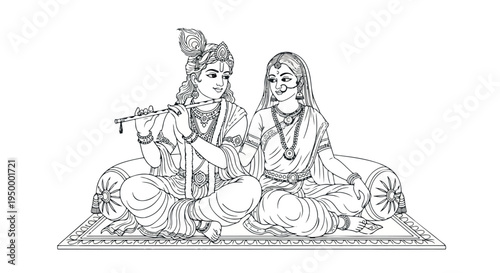 Black and white illustration of two Indian figures sitting cross-legged on a mat, one playing a flute with traditional attire and accessories.