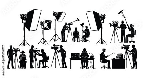 Black silhouettes of professional film crew members working with cameras and studio lighting gear