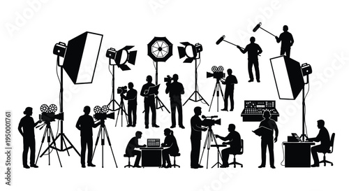 A detailed silhouette collection showing a professional film crew at work on a movie production set