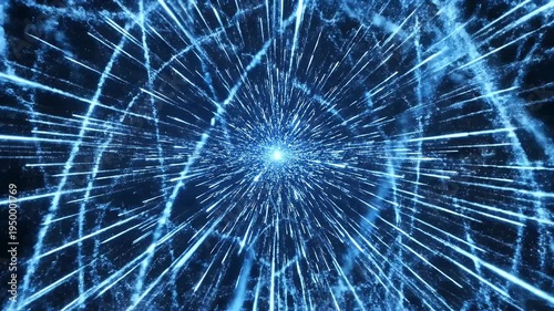 Exploding bright blue light streaks emanate from a central point on a dark background