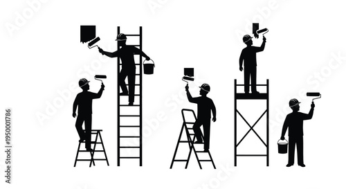 Black silhouettes of construction workers using paint rollers and ladders for wall renovation work