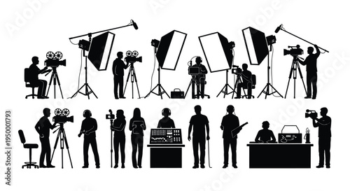 A collection of silhouettes depicting film production crew members and professional video equipment