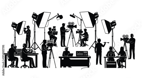 A detailed black silhouette illustration of a professional film production crew on a movie set