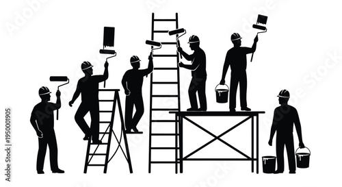 A group of construction workers using ladders and scaffolding to perform painting and maintenance