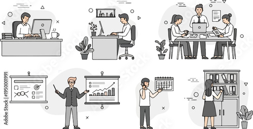 Office life depicted in charming, simple illustrations with varied activities