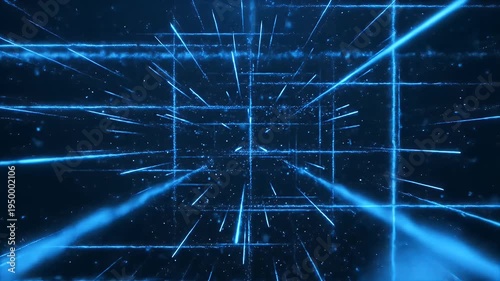Abstract deep blue digital space with glowing light streaks and particles