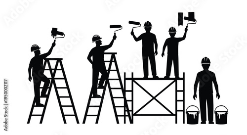 A group of construction workers using ladders and scaffolding to paint walls with paint rollers