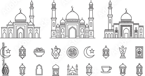 Islamic mosque architecture and Ramadan elements set, lantern crescent dates teapot prayer vector icon collection