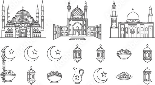 Islamic mosque architecture and Ramadan elements set, crescent lantern dates teapot Muslim culture vector icons