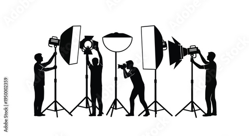 Professional photographers and crew members working with various studio lighting equipment setup