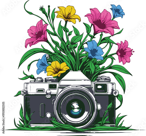 Bold line art illustration of a camera with flowers growing from the lens, creativity concept, thick vector outlines, colorful minimal design, white background