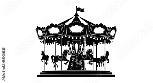 A classic vintage carnival carousel featuring several horses and ornate decorative roof panels