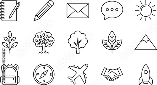 Outline everyday object icon set, notebook pencil email chat sun plant tree backpack compass airplane handshake rocket vector