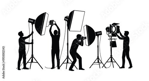 A group of professional photographers and studio assistants working together with lighting equipment