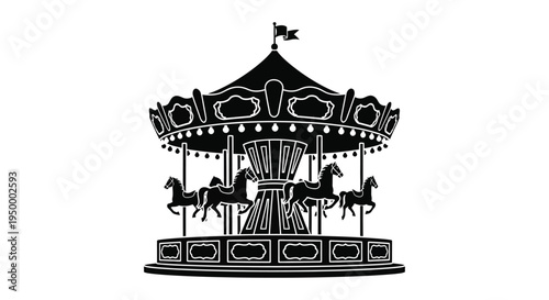 A classic vintage carnival carousel ride featuring multiple horses and decorative rooftop detailing