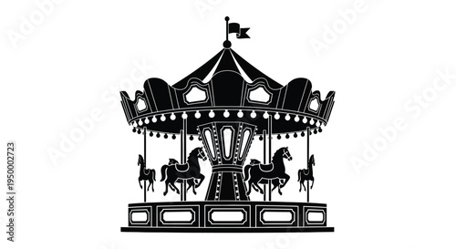 Black silhouette illustration of a classic carnival carousel ride with horses for amusement parks