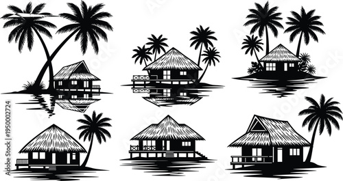 "Collection of six tropical hut and bungalow silhouettes with palm trees and water reflections, vector illustration representing vacation, relaxation, island resort, and coastal architecture"