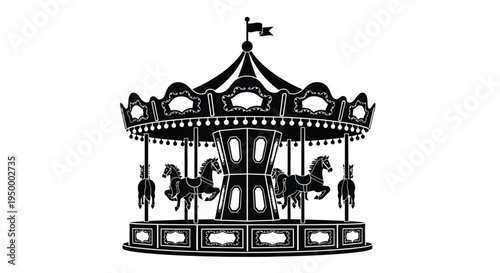 A detailed black silhouette illustration of a classic vintage fairground carousel with horses
