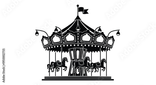 A classic vintage carnival carousel ride featuring ornate canopy detail and stylized rocking horses