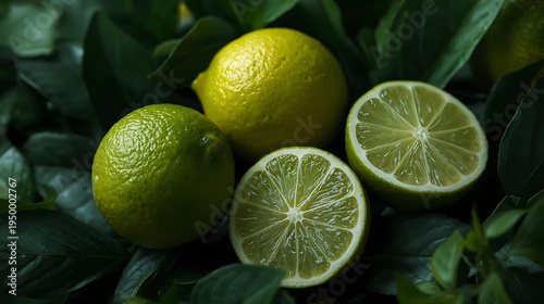 Wallpaper Mural Fresh limes and leaves on a dark background Torontodigital.ca