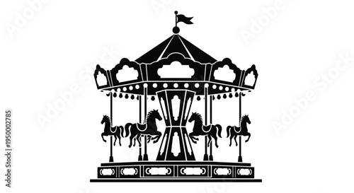 A classic amusement park carousel ride featuring decorative horses and a traditional peaked roof