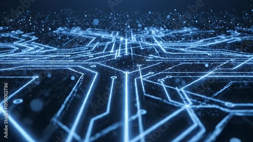 Abstract blue digital circuit board glowing with light particles