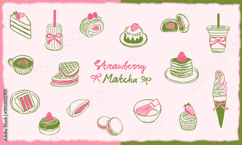 strawberry matcha dessert - cake, coffee latte, cupcake hand drawn illustraion doodle collection set - pink green