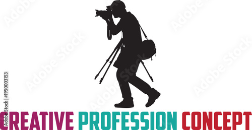 A silhouette of a professional photographer carrying a tripod and camera on a white background Vector, illustration