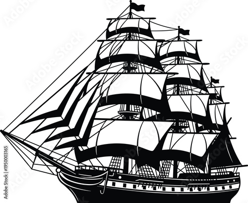 "Detailed silhouette of historic tall sailing ship with three masts, square sails, rigging, flags, and classic hull design from Age of Sail maritime era"