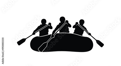 Black silhouette of three people rowing together in a large inflatable raft during an adventure