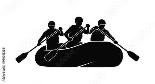 Black silhouette illustration of three team members paddling a whitewater rafting boat together