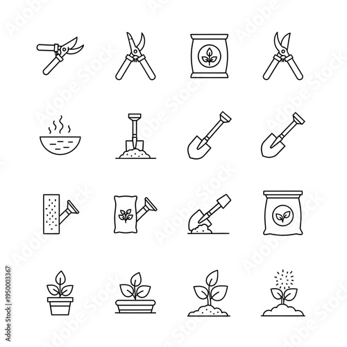 Gardening tools and plants icons set.