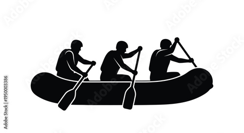 A black silhouette illustration of three people working together to row a large inflatable raft