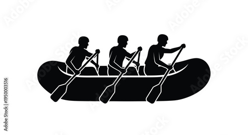 A black silhouette illustration of three people working together to paddle a large rubber raft