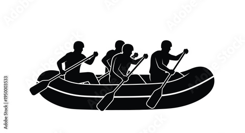 A team of four people paddling together in a large inflatable raft during an outdoor adventure