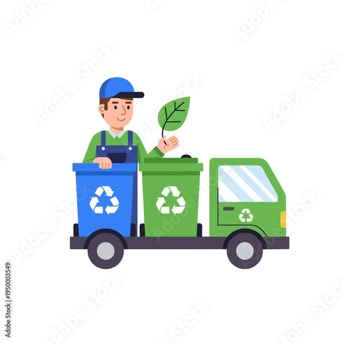 Man holding leaf standing beside recycling bins.