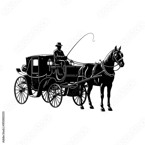 Man riding horse drawn carriage vehicle.