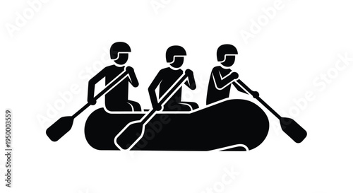 Three people wearing helmets paddling together in a black silhouette icon of a white water raft