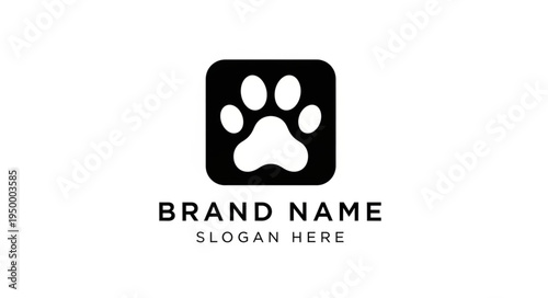 Black paw print logo with brand name and slogan.