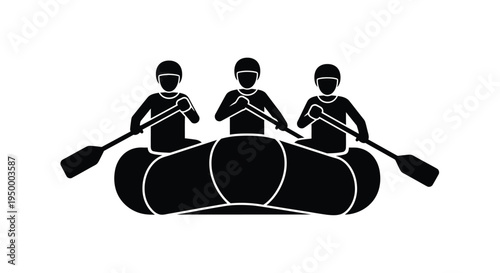 A team of three people in helmets paddling together in an inflatable white water rafting boat