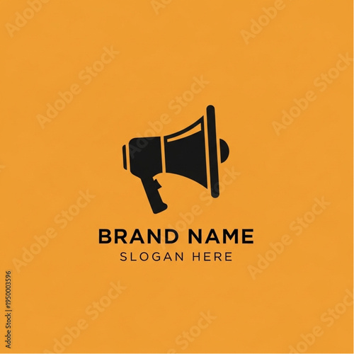 Black megaphone icon with brand name and slogan text.